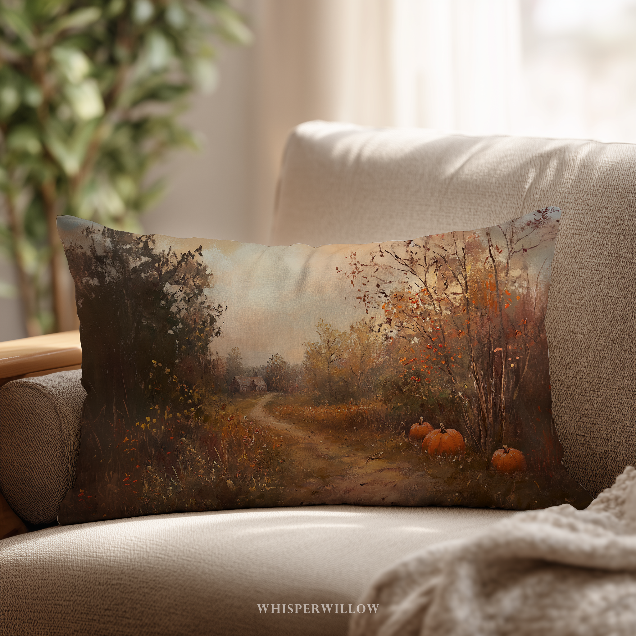 Autumn Pumpkin Path Throw Pillow - Fall Landscape Farmhouse Rustic Cottage Art Cushion Gift