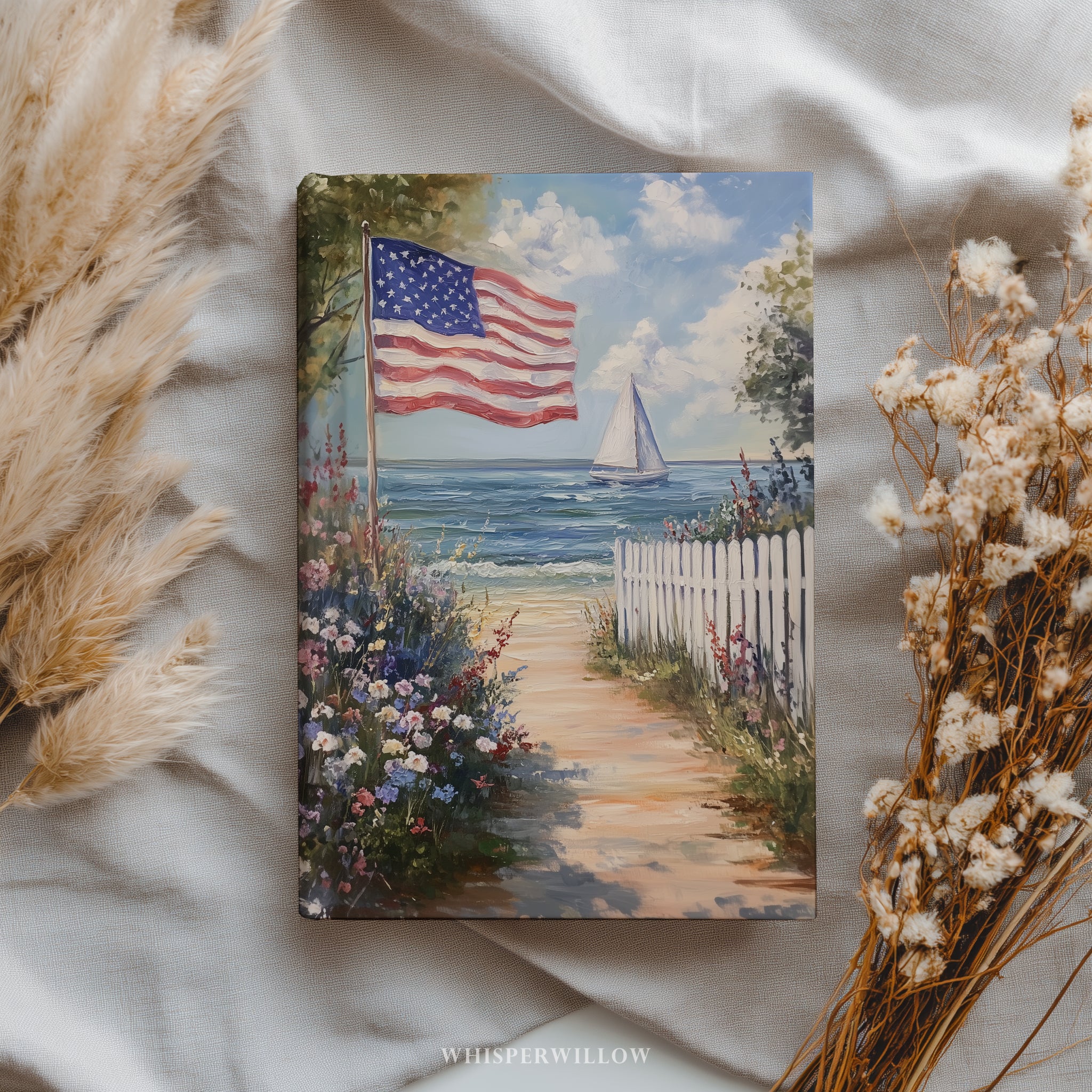 Carnet à couverture rigide drapeau américain - Motif patriotique de voilier en bord de mer, cadeau idéal pour un jardin de plage