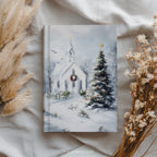 Winter Church Hardcover Journal - Christmas Tree Art, Christian Holiday, Snowy Landscape Gift