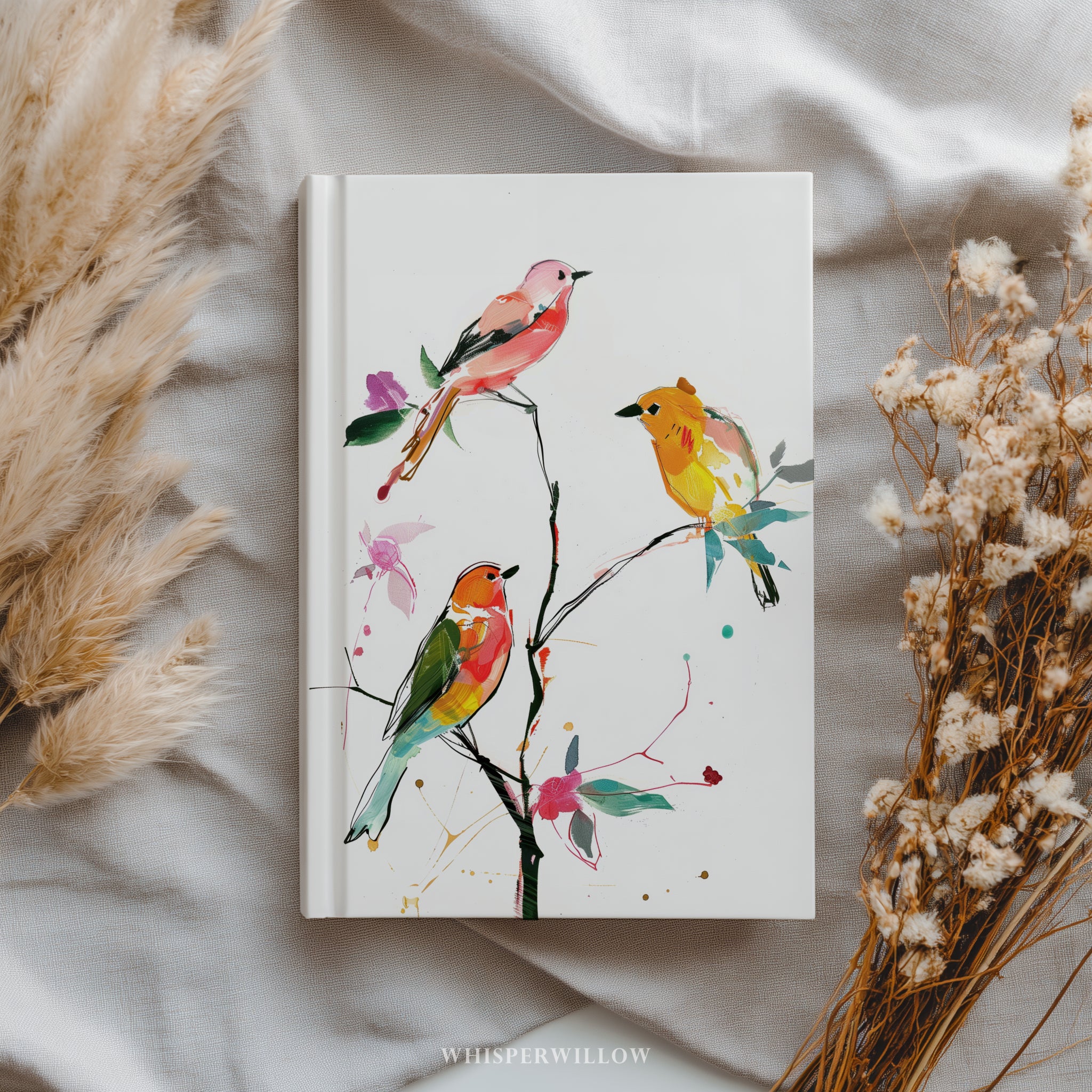 Buntes Notizbuch mit Singvögeln (Hardcover) – Botanischer Zweig, Vogelmotiv, Geschenkidee