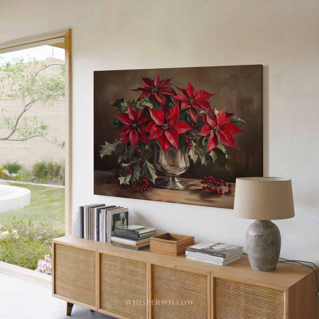 Weihnachtliches Leinwandbild | Roter Weihnachtsstern in silberner Vase | Botanische Winterdeko – Geschenkidee für Zuhause