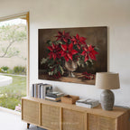 Weihnachtliches Leinwandbild | Roter Weihnachtsstern in silberner Vase | Botanische Winterdeko – Geschenkidee für Zuhause