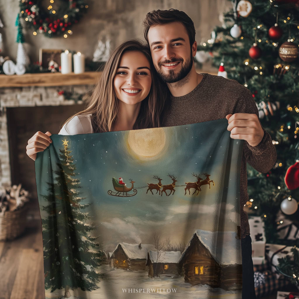 Christmas Santa Sleigh Throw Blanket - Reindeer Moonlit Village Gift