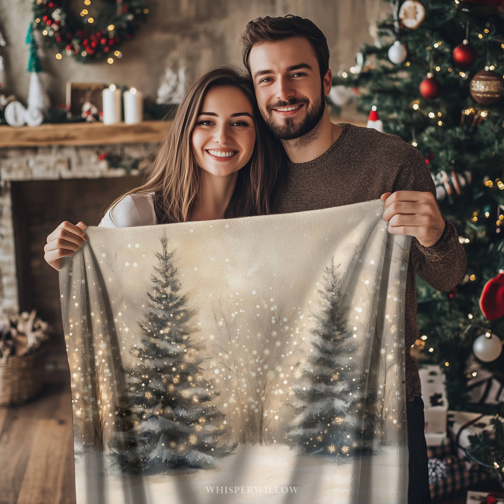 Winter Forest Throw Blanket - Snowy Trees Golden Lights Gift