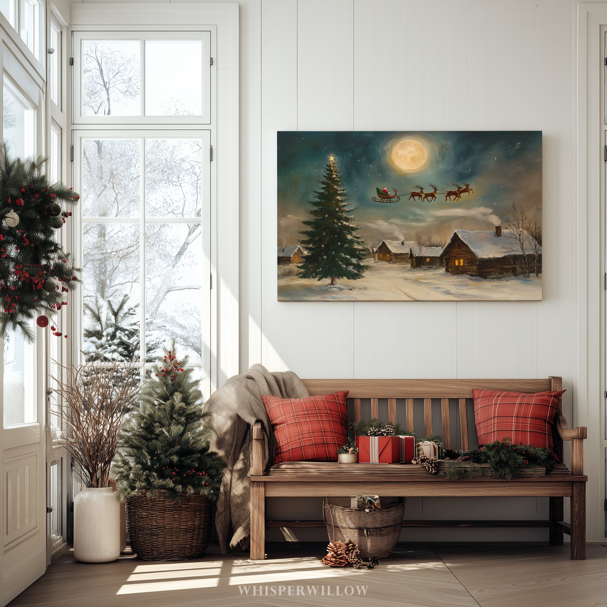 Weihnachtsdorf-Leinwandbild – Weihnachtsmannschlitten über mondbeschienener Szene, zauberhafte Rentiernacht