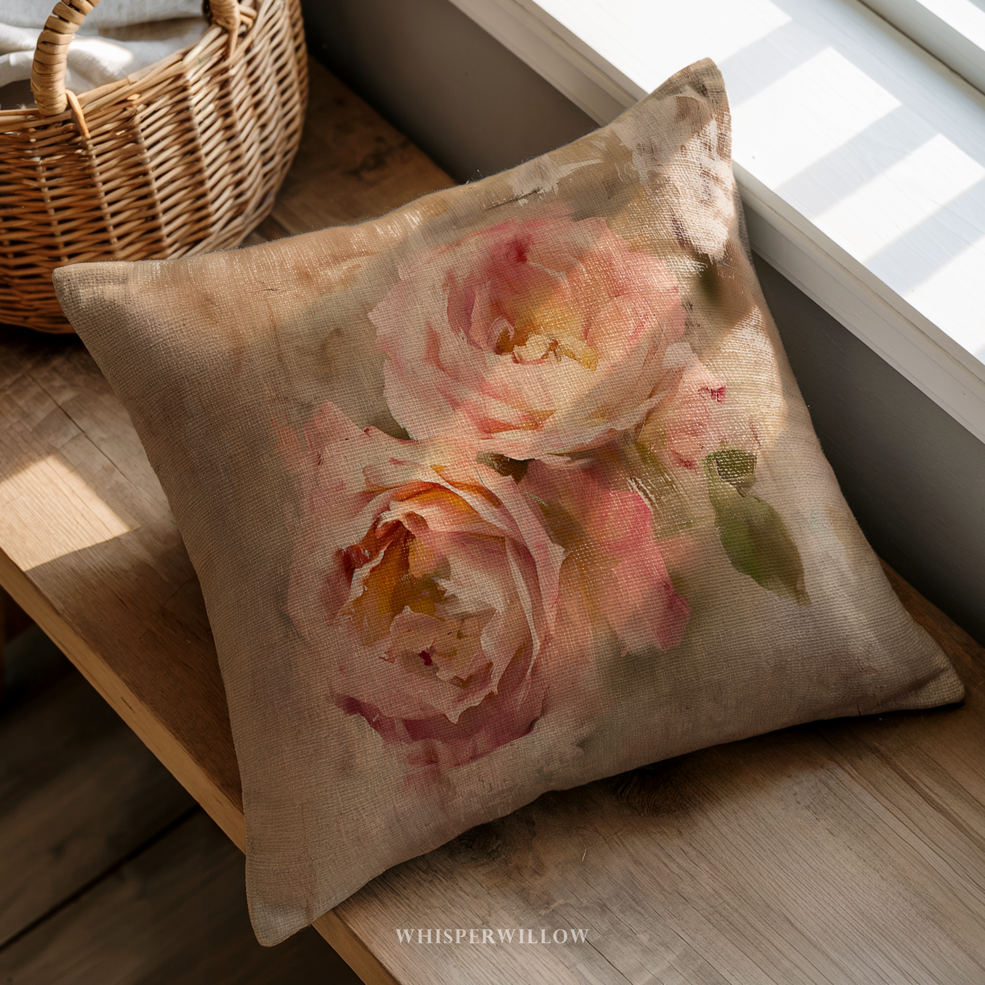 Dekokissen | Rosafarbenes Blumenmuster im Landhausstil | Romantisches Wohnaccessoire, weiches, neutrales Kissen, Geschenkidee