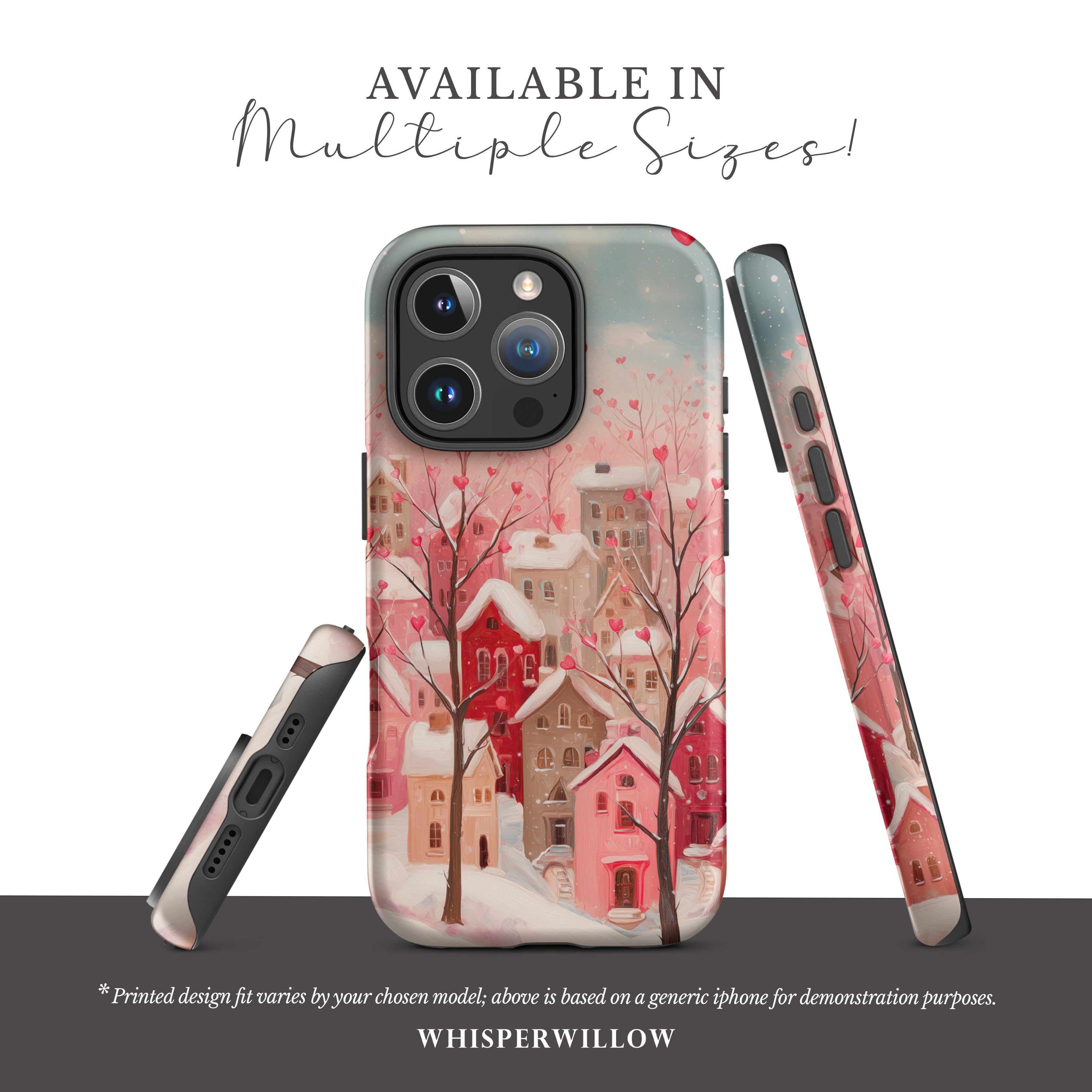 Romantic Winter Village Aesthetic Phone Case – Compatible with iPhone Models | Snowy Pink Heart Art