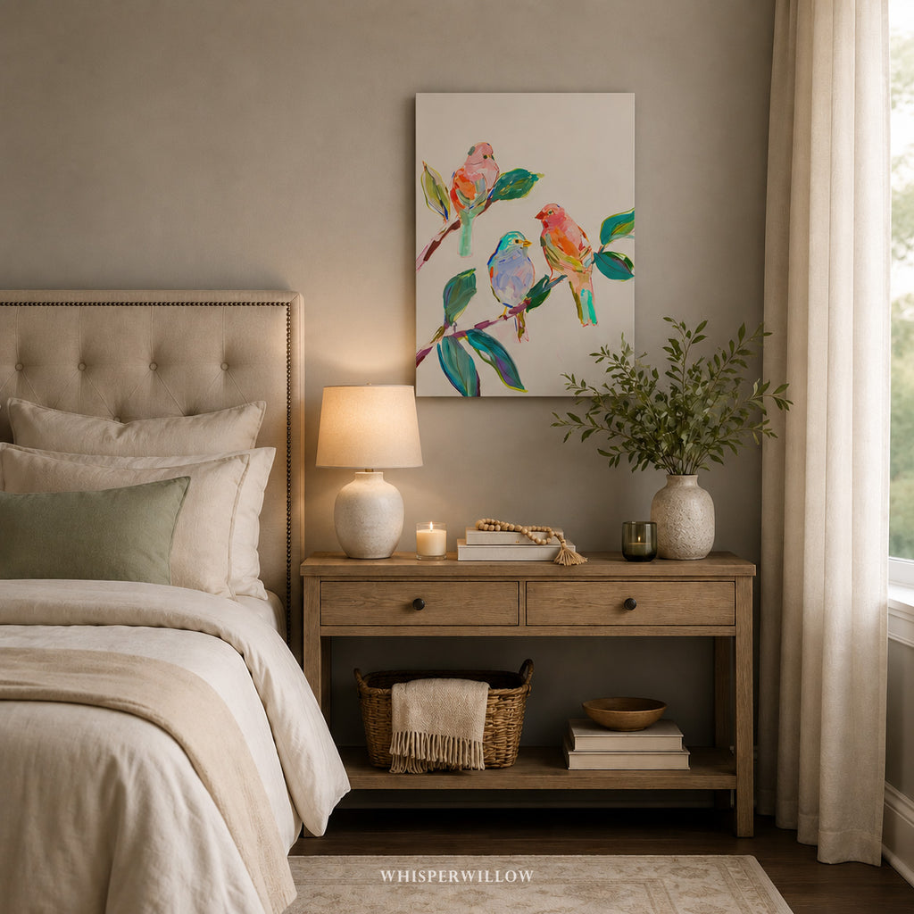 Wild Birds Canvas Wall Art | Colorful Songbirds on Tree Branch | Vibrant Nature Decor Gift