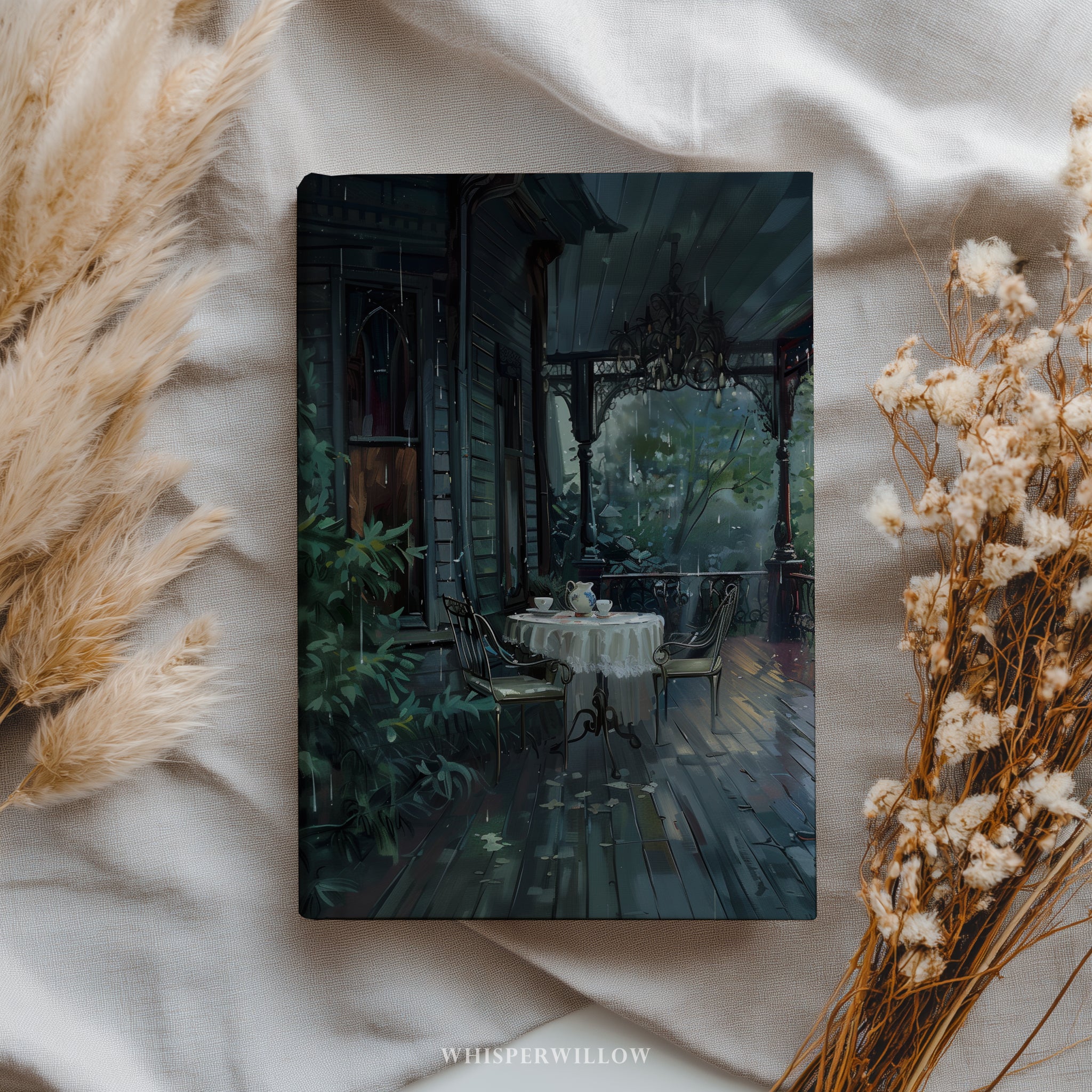 Notizbuch „Regenreiche viktorianische Veranda“ – Gotische Veranda-Teeszene, Geschenkidee für viktorianische Haushalte