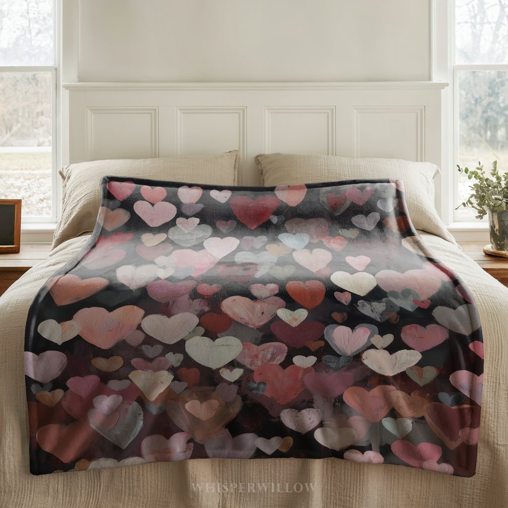 Abstract Painted Hearts Throw Blanket | Romantic Moody Love Art | Valentine's Day Home Decor