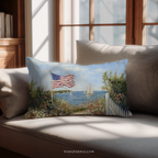 Patriotic American Flag Throw Pillow, Seaside Sailboat Wildflower Design, Independence Day Cushion, 4th of July Home Decor Gift