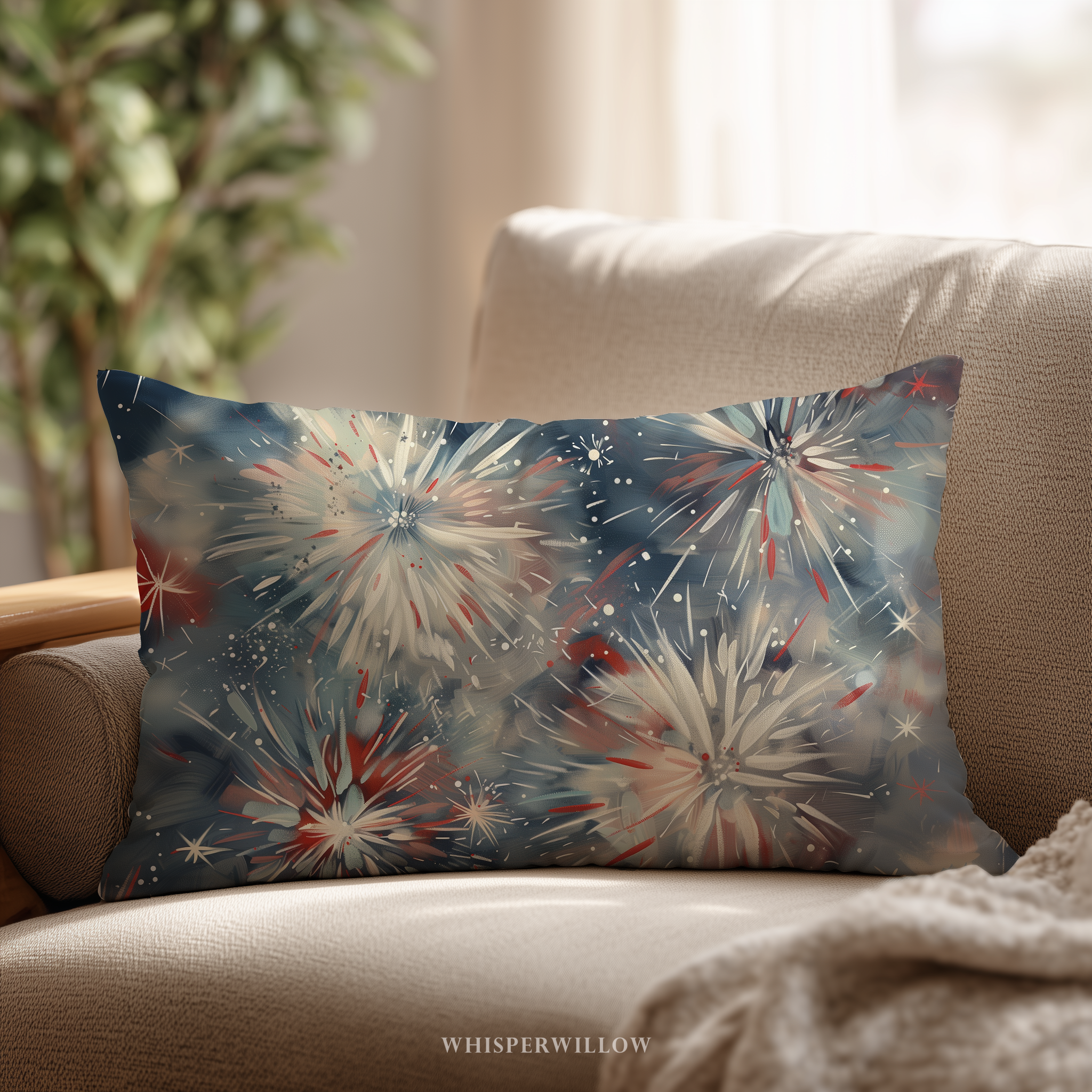Abstract Fireworks Floral Throw Pillow and Case - Red White Blue Patriotic Home Decor