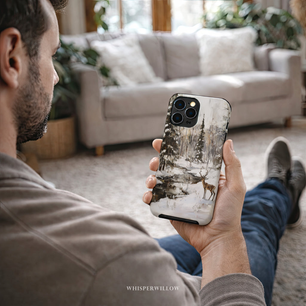 Aesthetic Winter Deer Phone Case | Compatible with MagSafe Charging | Forest Snow Wildlife Art | Gift for Him