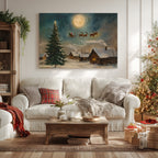 Weihnachtsdorf-Leinwandbild – Weihnachtsmannschlitten über mondbeschienener Szene, zauberhafte Rentiernacht