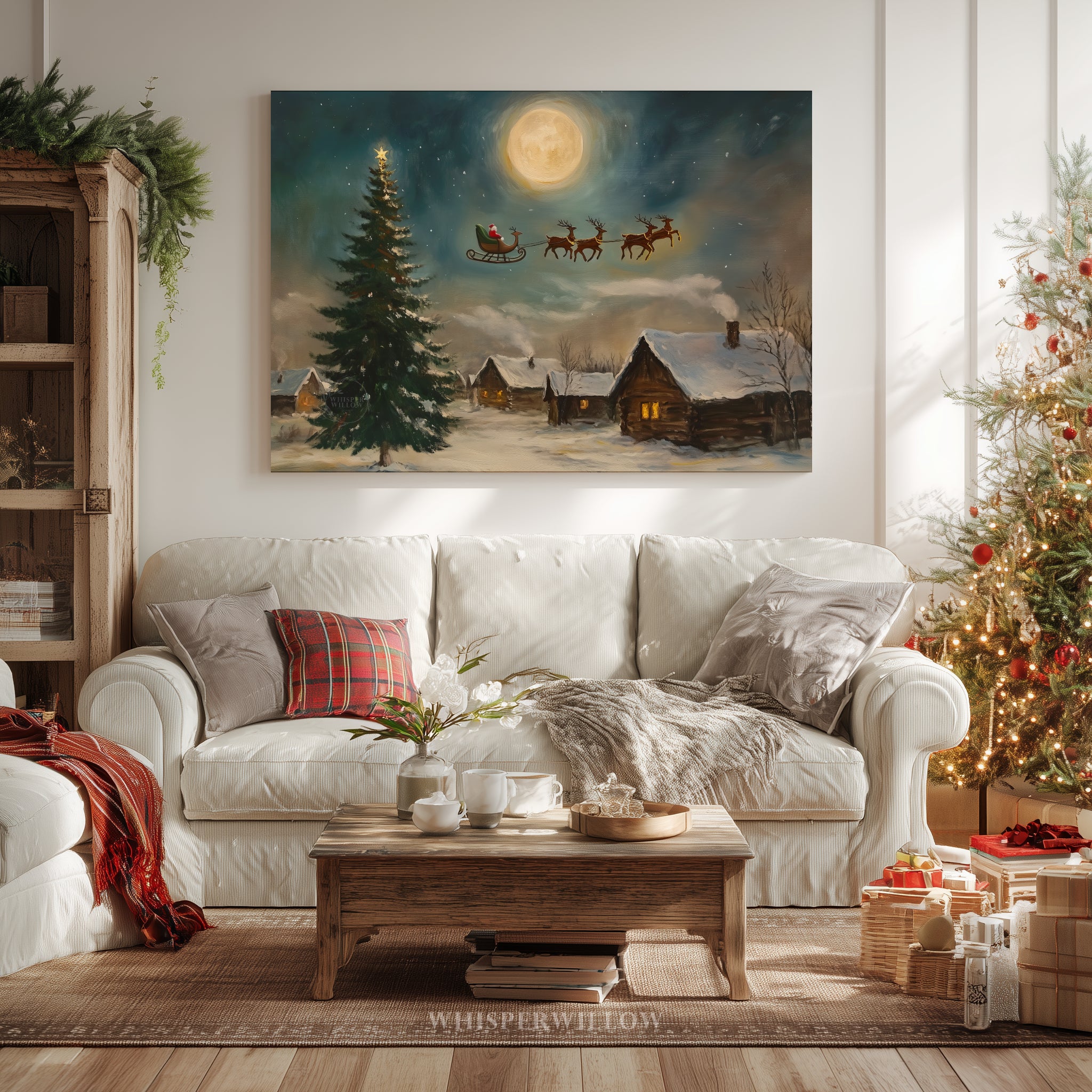 Weihnachtsdorf-Leinwandbild – Weihnachtsmannschlitten über mondbeschienener Szene, zauberhafte Rentiernacht