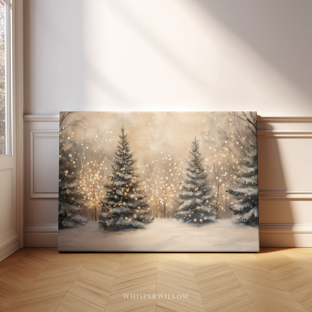 Weihnachtsbaum-Lichterkette als Leinwandbild – Bezaubernder verschneiter Winterwald, magischer Wald