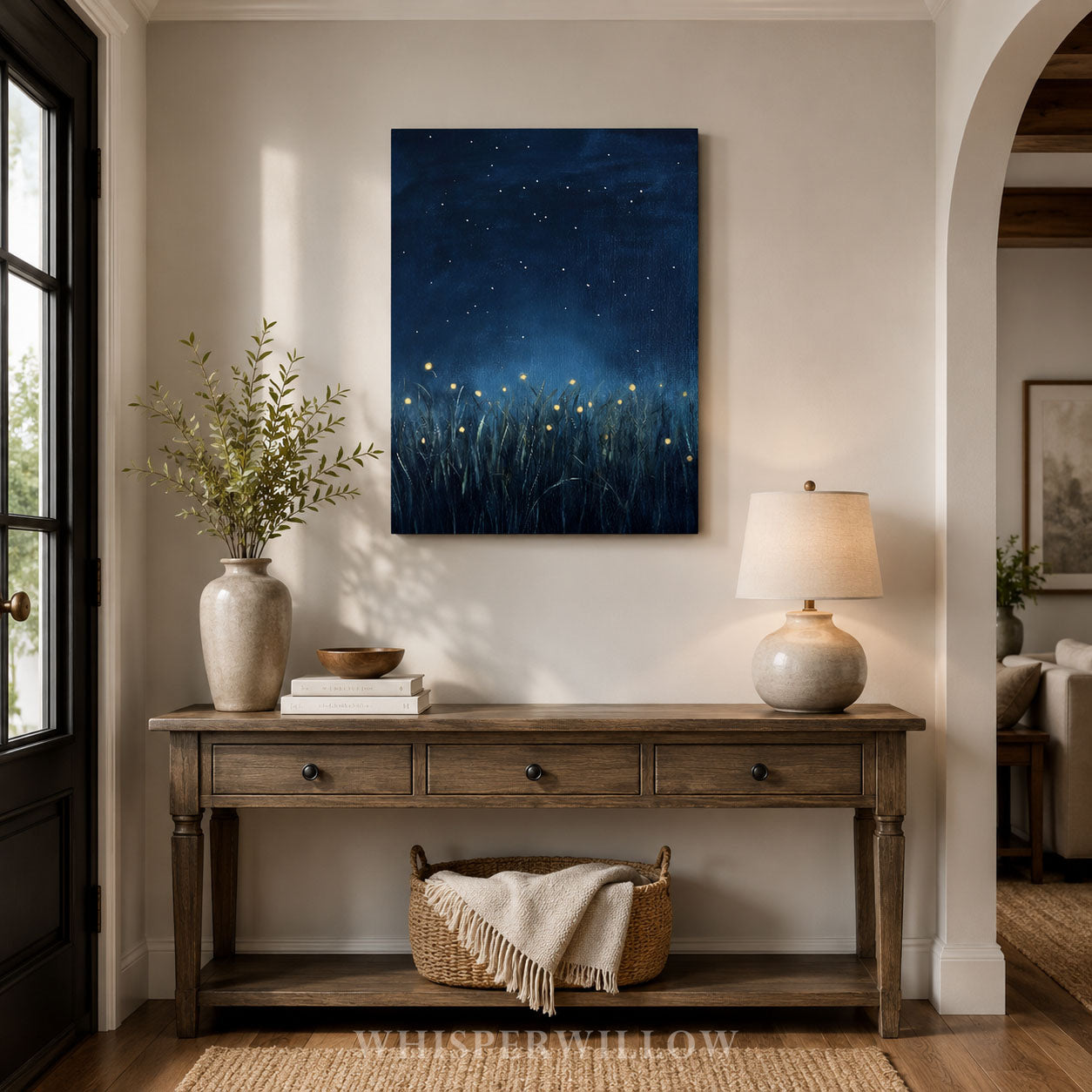 Fireflies Canvas Wall Art - Lightning Bugs Starry Night Dark Blue Twinkly Sky Magical