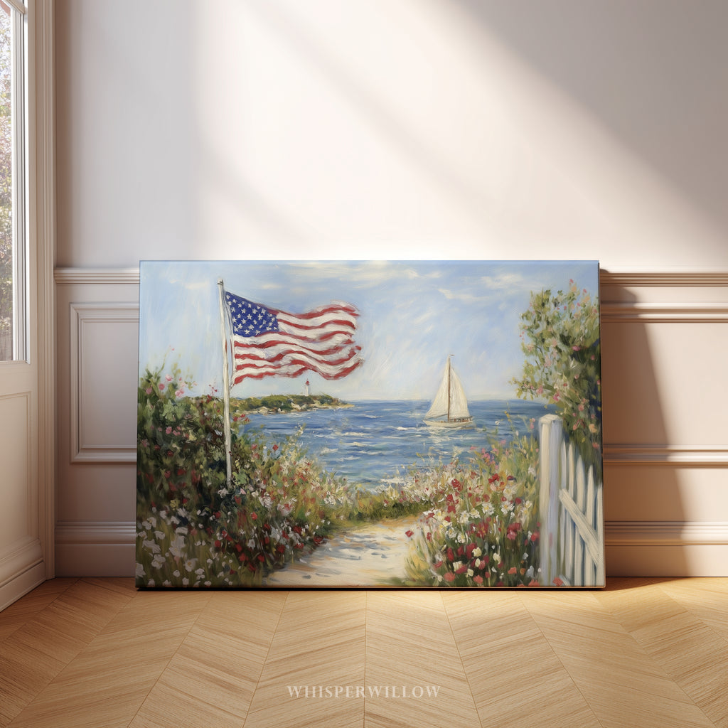 Patriotisches Wandbild im Küstenstil | Segelboot mit amerikanischer Flagge und Leuchtturm | Sommerdeko zum 4. Juli