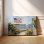 Patriotisches Wandbild im Küstenstil | Segelboot mit amerikanischer Flagge und Leuchtturm | Sommerdeko zum 4. Juli