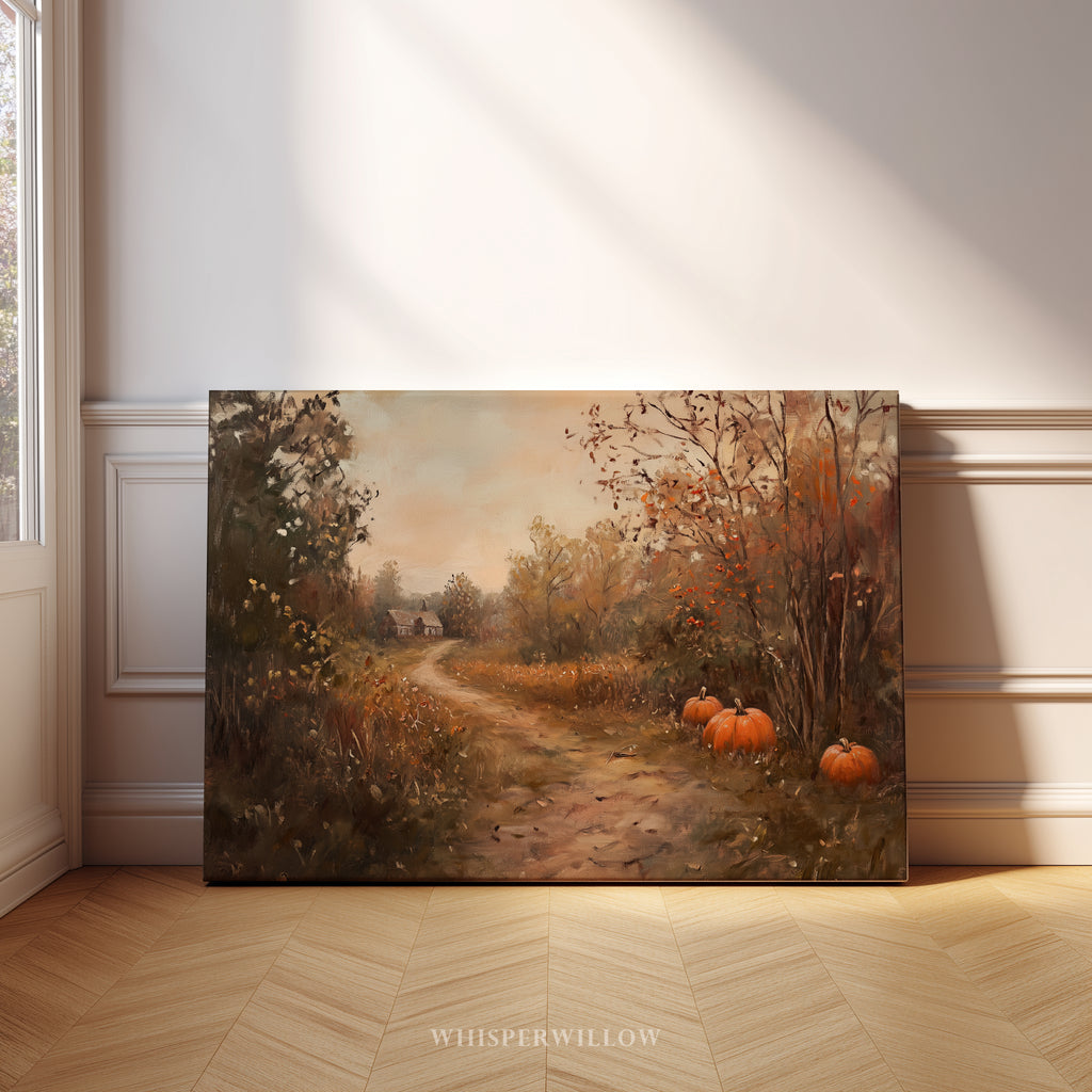 Vintage-Leinwandbild mit Kürbismotiv – Herbstlicher Bauernhaus-Landweg