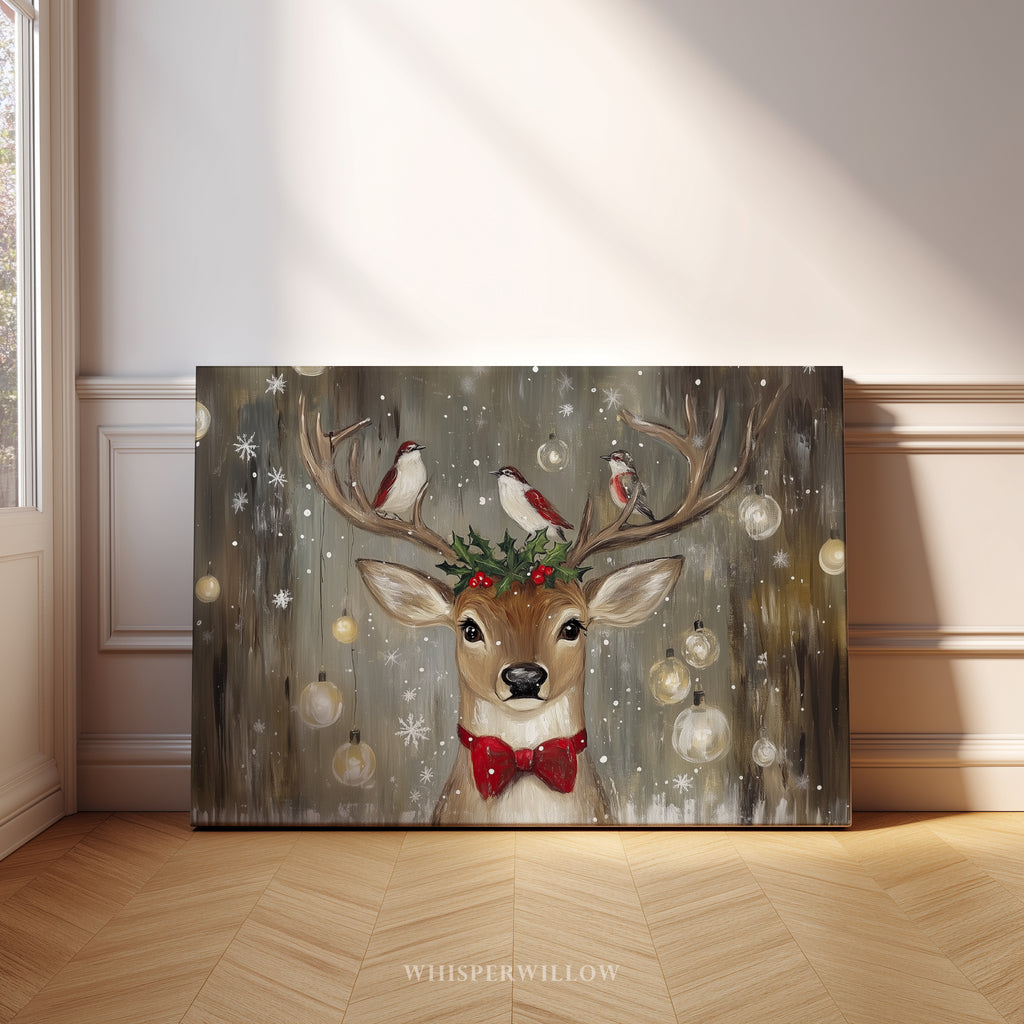 Weihnachts-Wandbild mit Rentieren und Vögeln – Rustikale rote Schleife, Stechpalme, Waldweihnachtsdeko