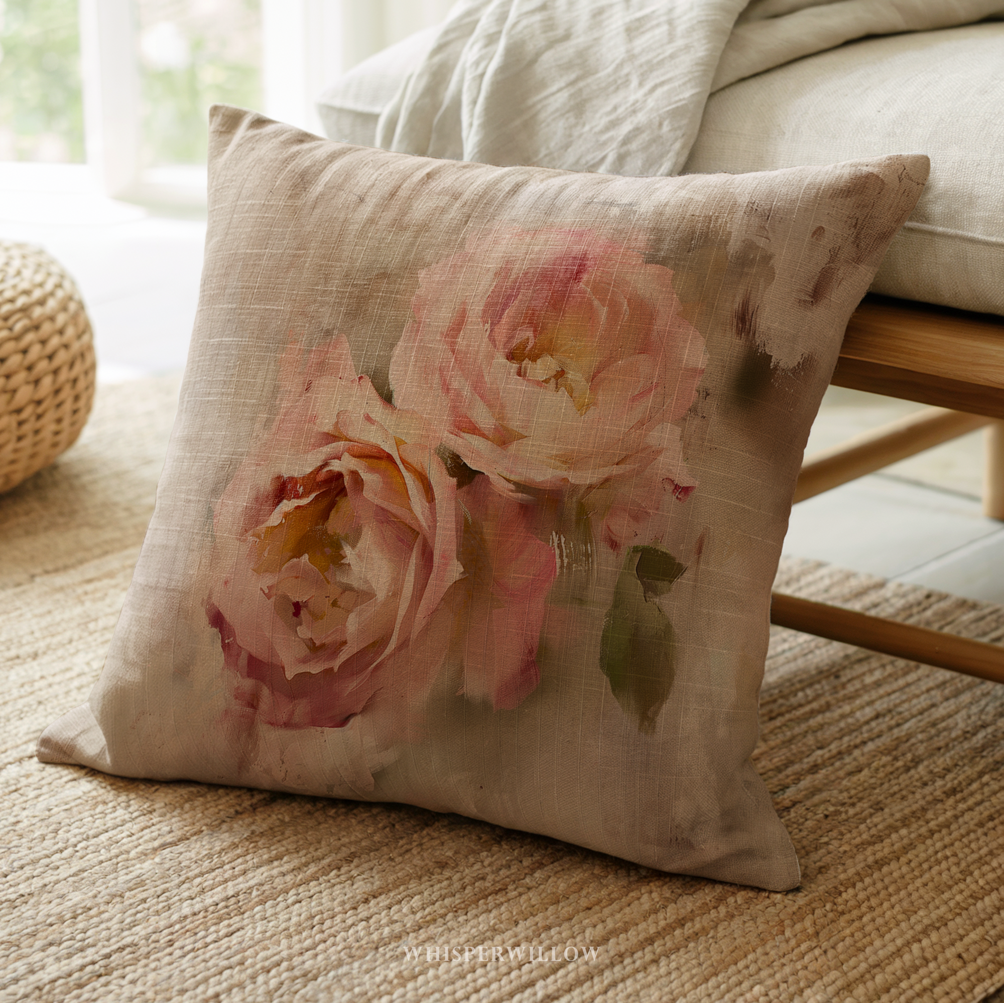 Dekokissen | Rosafarbenes Blumenmuster im Landhausstil | Romantisches Wohnaccessoire, weiches, neutrales Kissen, Geschenkidee