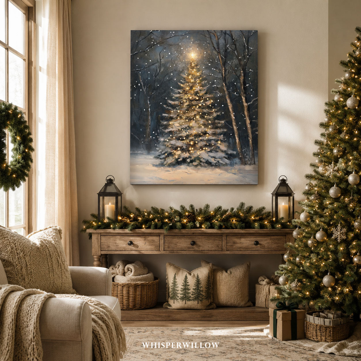 Weihnachtsbaum-Leinwandbild – Bezaubernde verschneite Waldszene, zauberhafte Winterdekoration