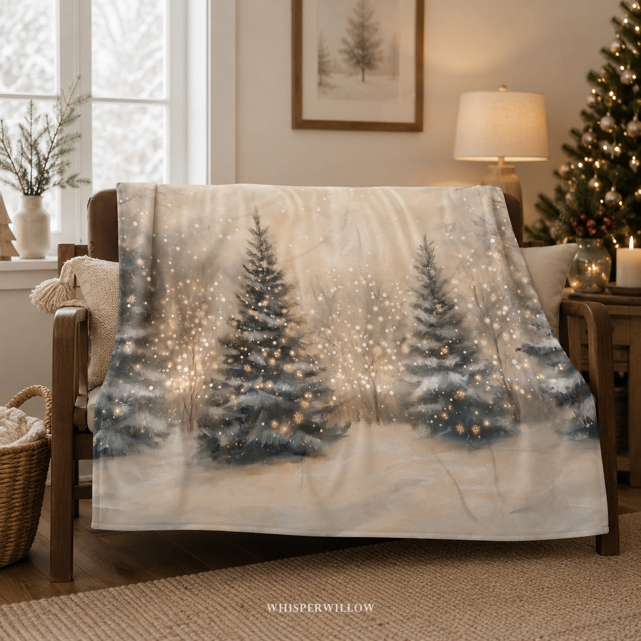 Winter Forest Throw Blanket - Snowy Trees Golden Lights Gift