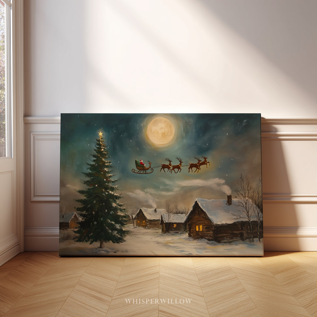 Weihnachtsdorf-Leinwandbild – Weihnachtsmannschlitten über mondbeschienener Szene, zauberhafte Rentiernacht