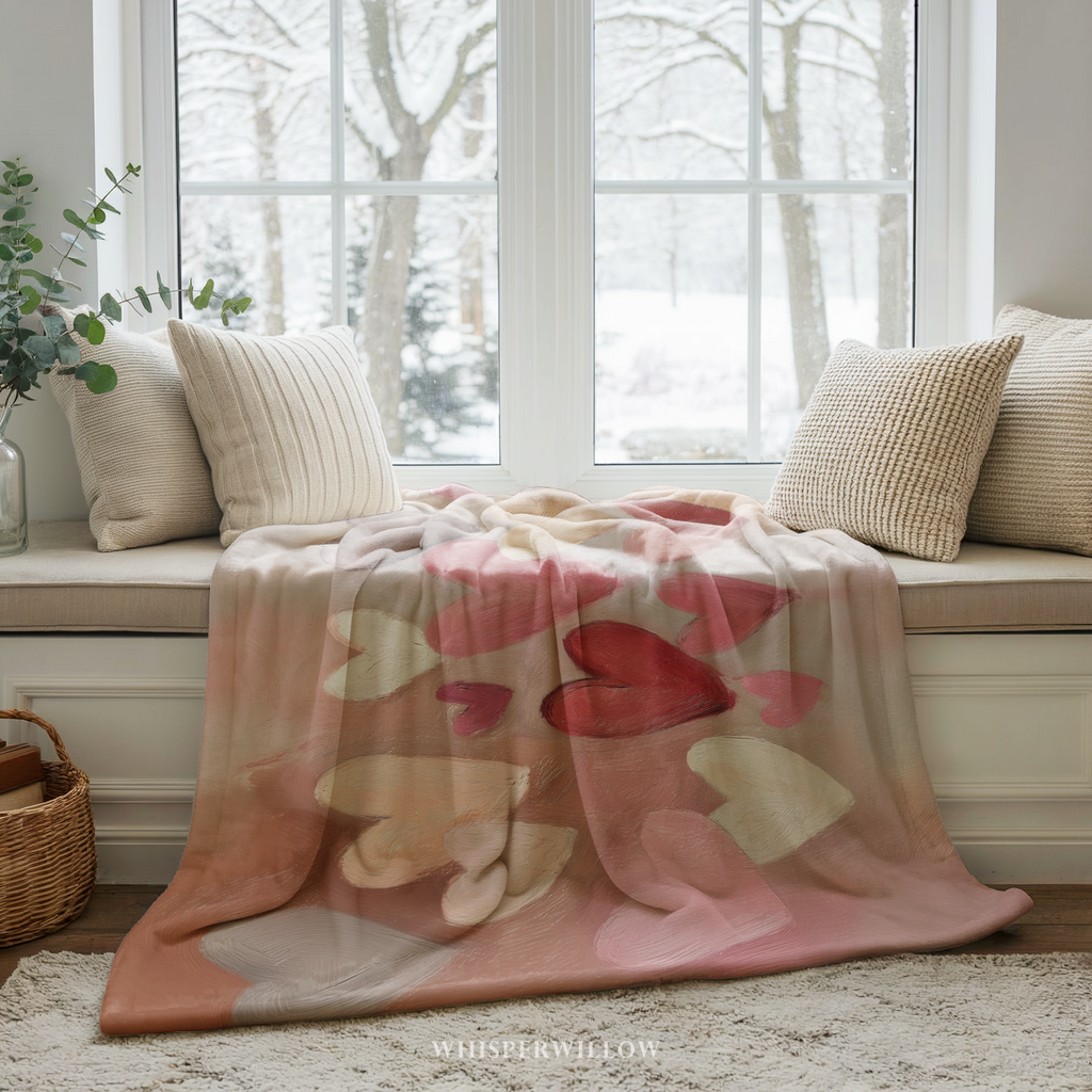 Cute painted abstract pink and white hearts plush throw blanket by WhisperWillow Studios Valentines Day gift decor