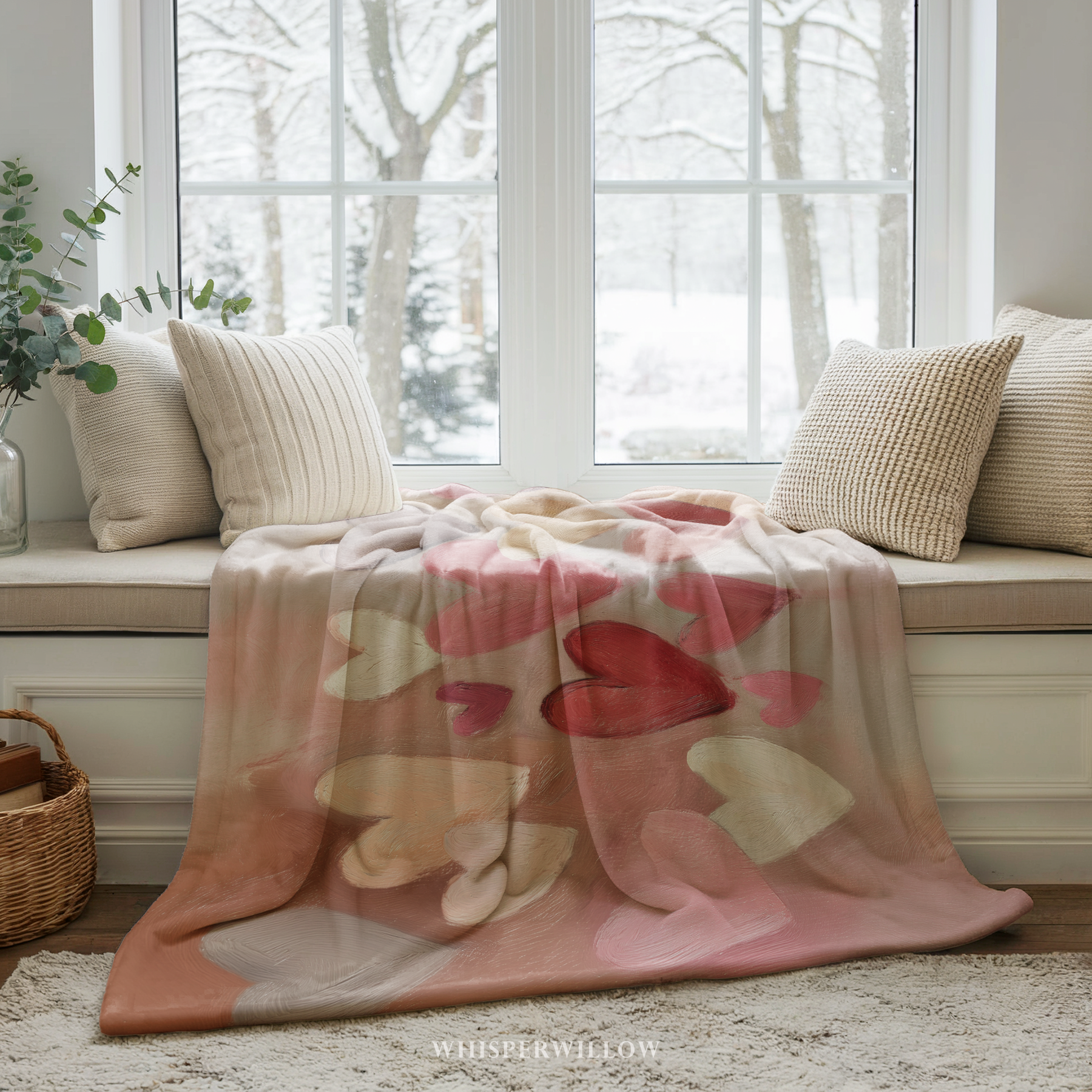 Cute painted abstract pink and white hearts plush throw blanket by WhisperWillow Studios Valentines Day gift decor