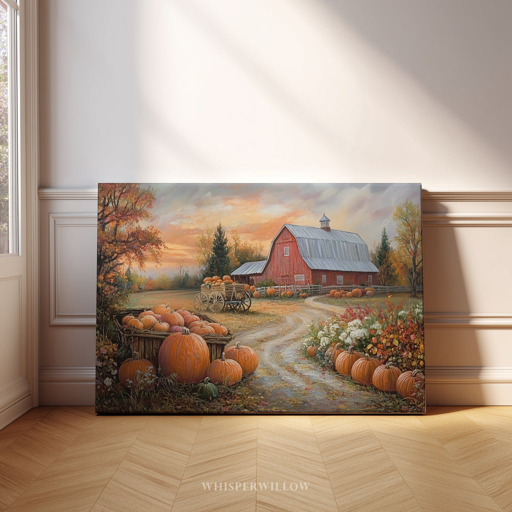 Rustikales Leinwandbild mit roter Scheune | Herbstlicher Kürbisbauernhof-Druck | Herbstliche Landschaft