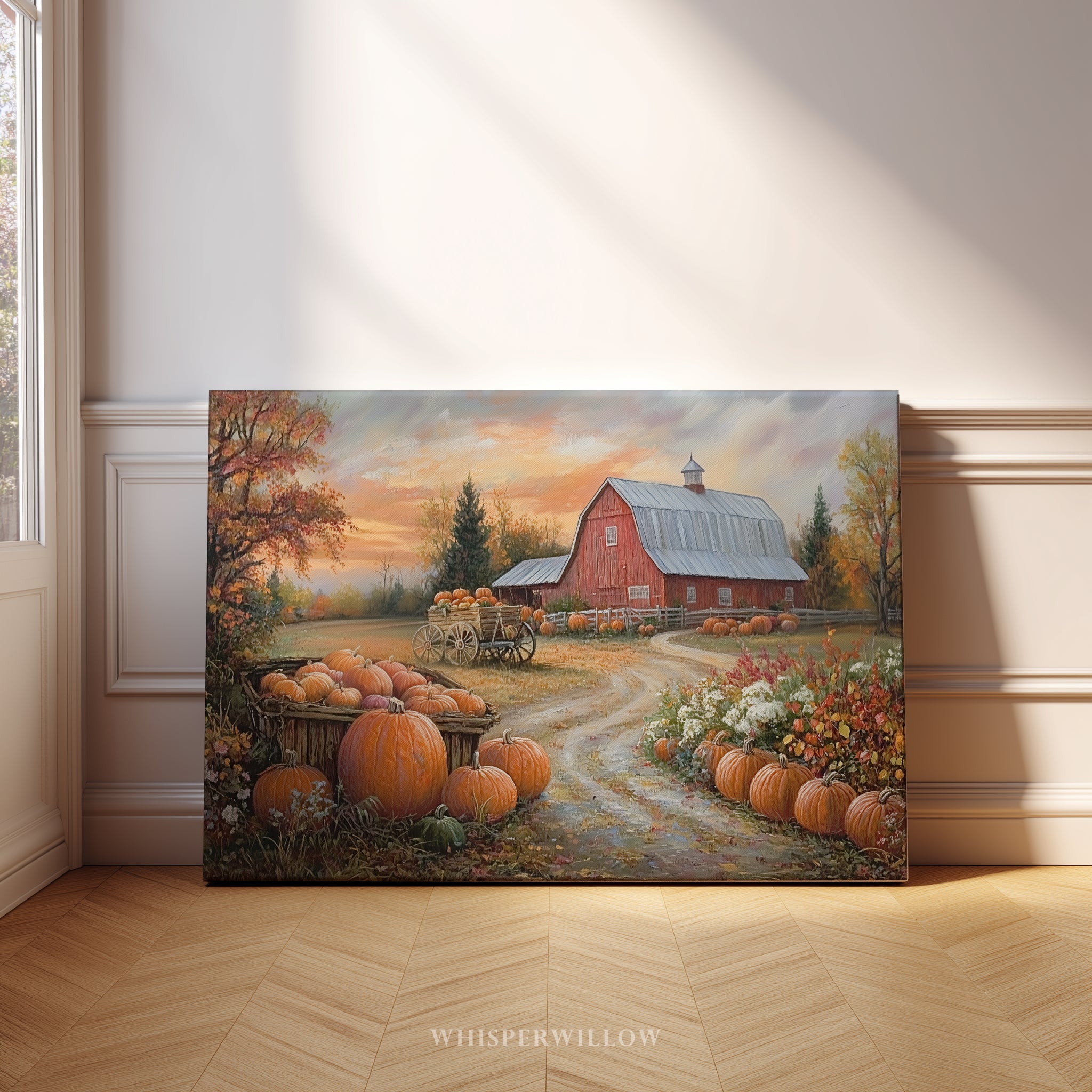 Rustikales Leinwandbild mit roter Scheune | Herbstlicher Kürbisbauernhof-Druck | Herbstliche Landschaft