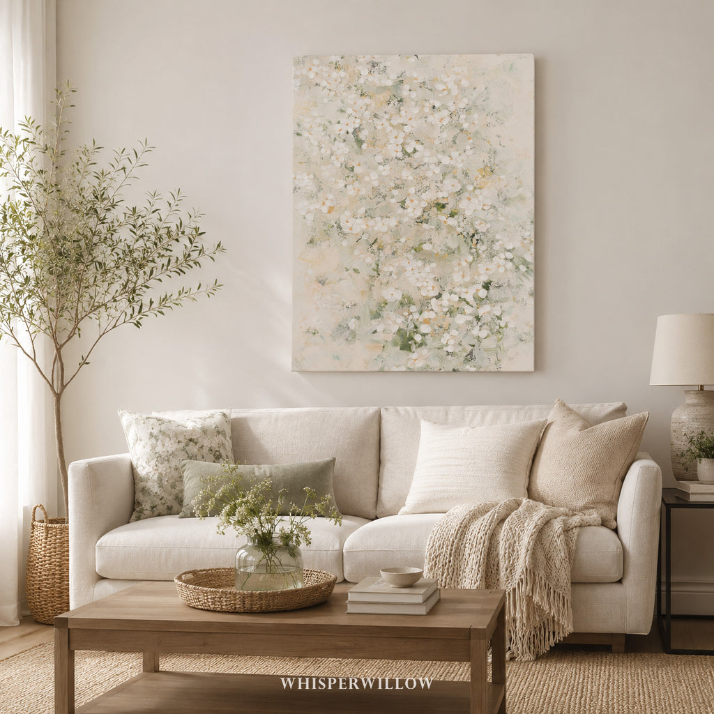 Leinwandbild „Weiße Wildblumenwiese“ – Zartes, neutrales botanisches Naturmotiv