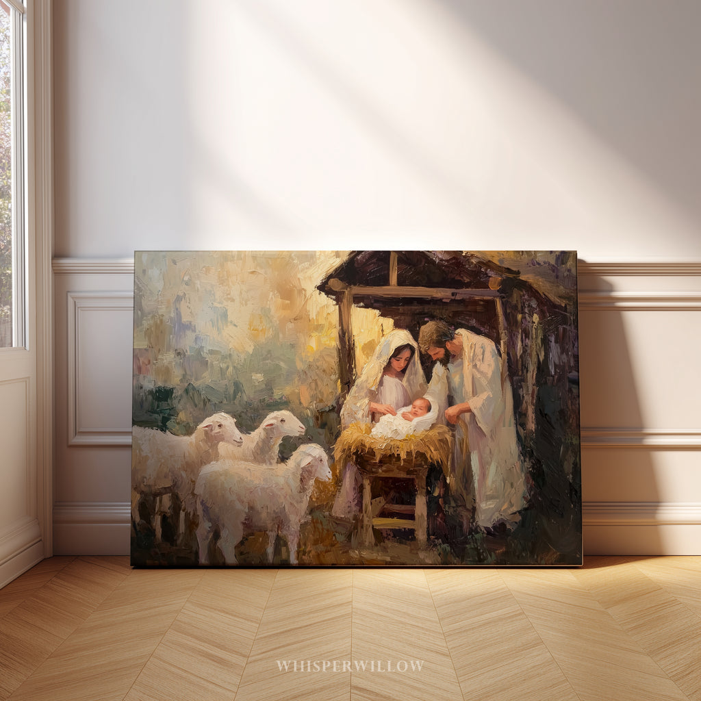 Christmas Nativity Scene Canvas Wall Art - Holy Family Baby Jesus Manger with Sheep