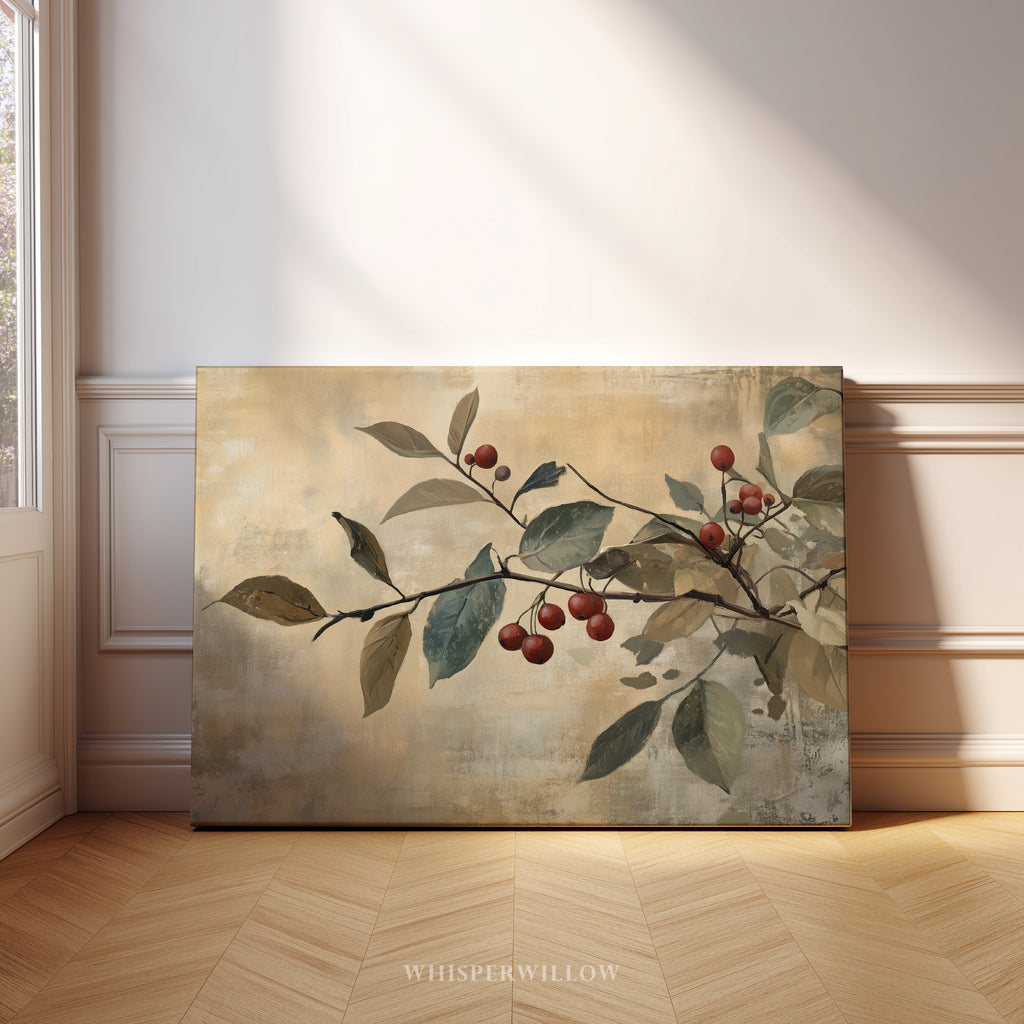 Leinwandbild | Rustikaler Zweig mit roten Beeren | Weihnachts- und Herbstdekoration