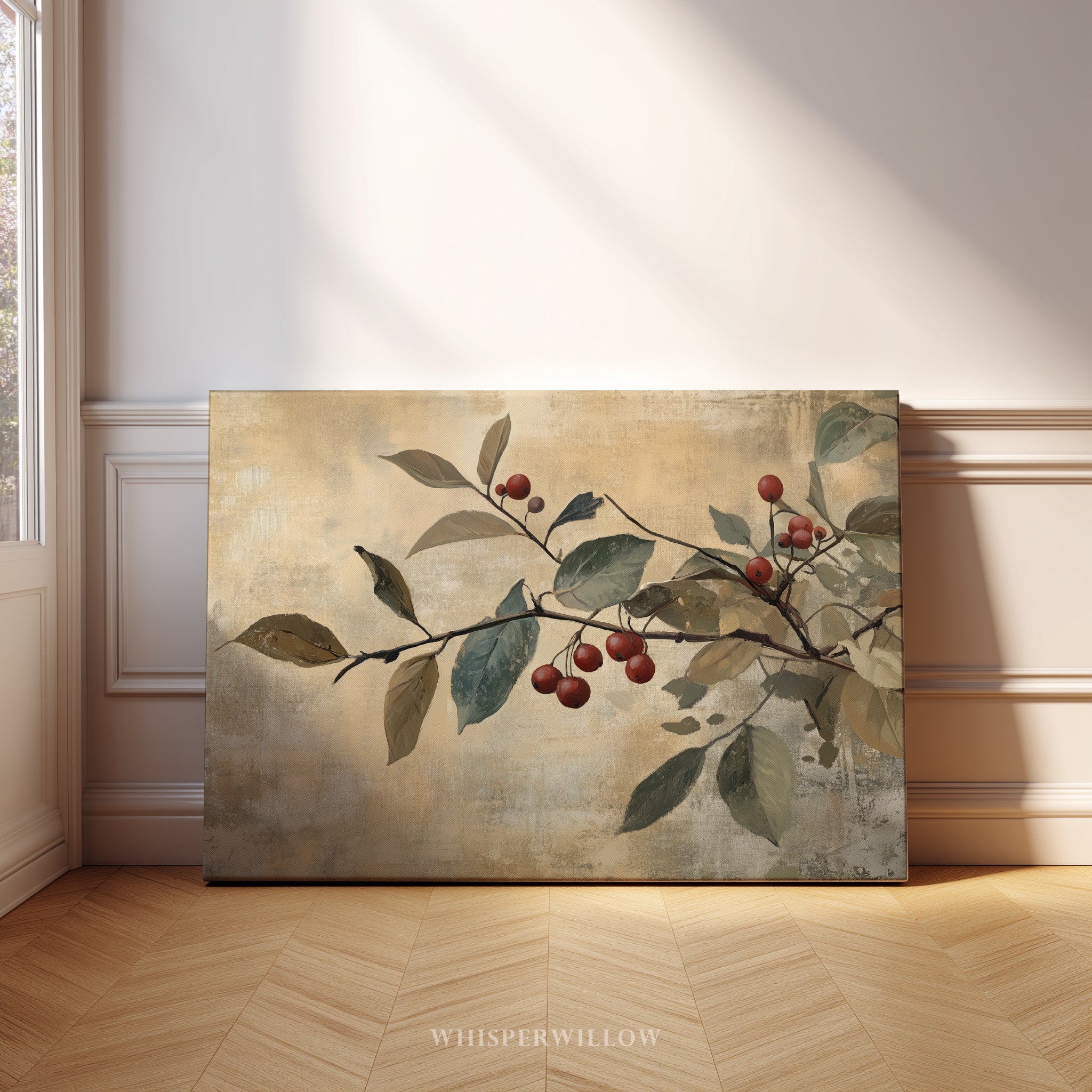 Leinwandbild | Rustikaler Zweig mit roten Beeren | Weihnachts- und Herbstdekoration