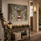 Tableau mural sur toile représentant des rennes et des oiseaux de Noël - Houx à nœud rouge rustique, décoration de Noël en forêt