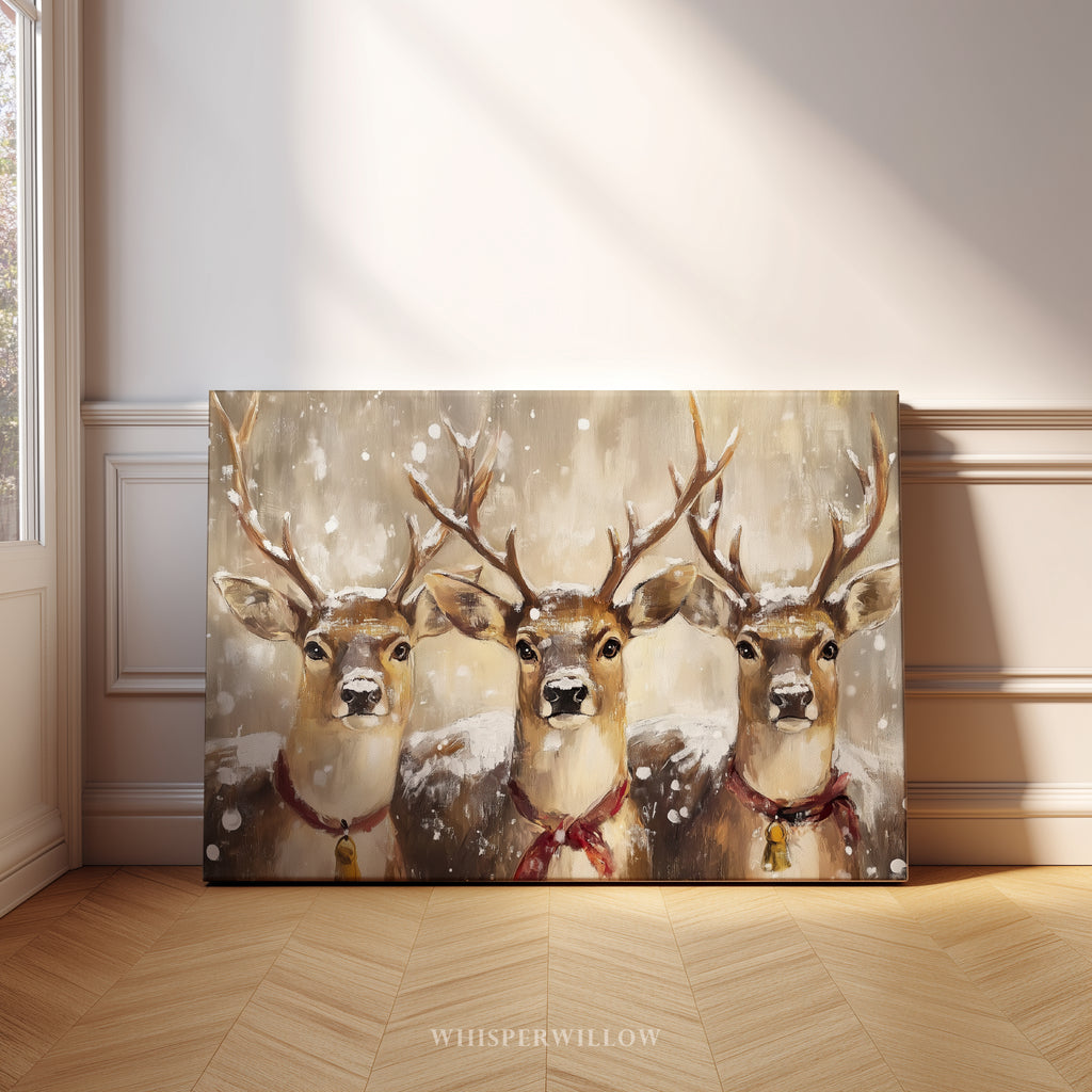 Rentier-Trio als Leinwandbild – Rustikale Weihnachtsdekoration für die Hütte, verspielte Winterlandschaft