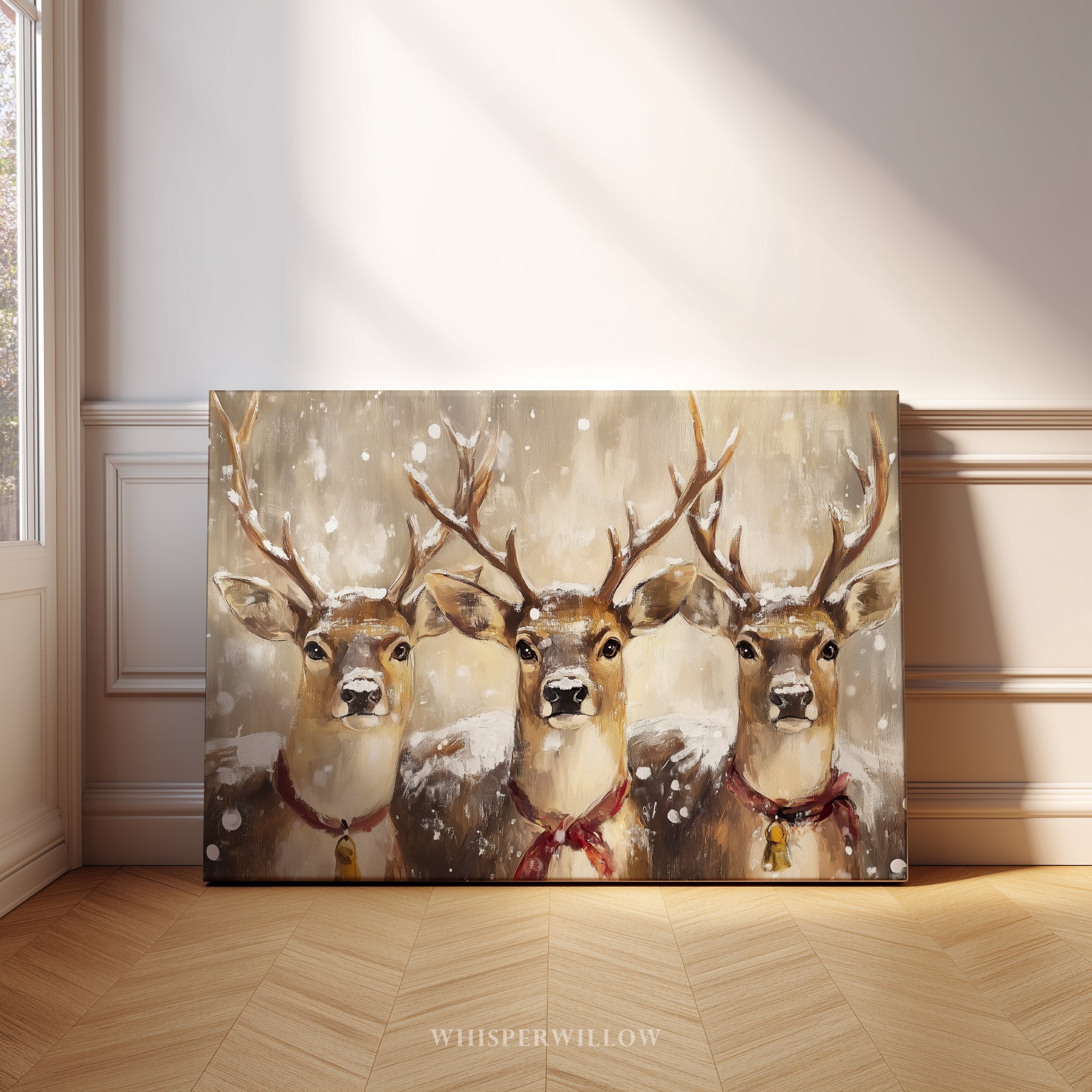 Rentier-Trio als Leinwandbild – Rustikale Weihnachtsdekoration für die Hütte, verspielte Winterlandschaft
