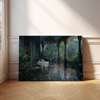 Tableau sur toile représentant une véranda victorienne - Scène de thé matinal sous la pluie - Jardin vintage