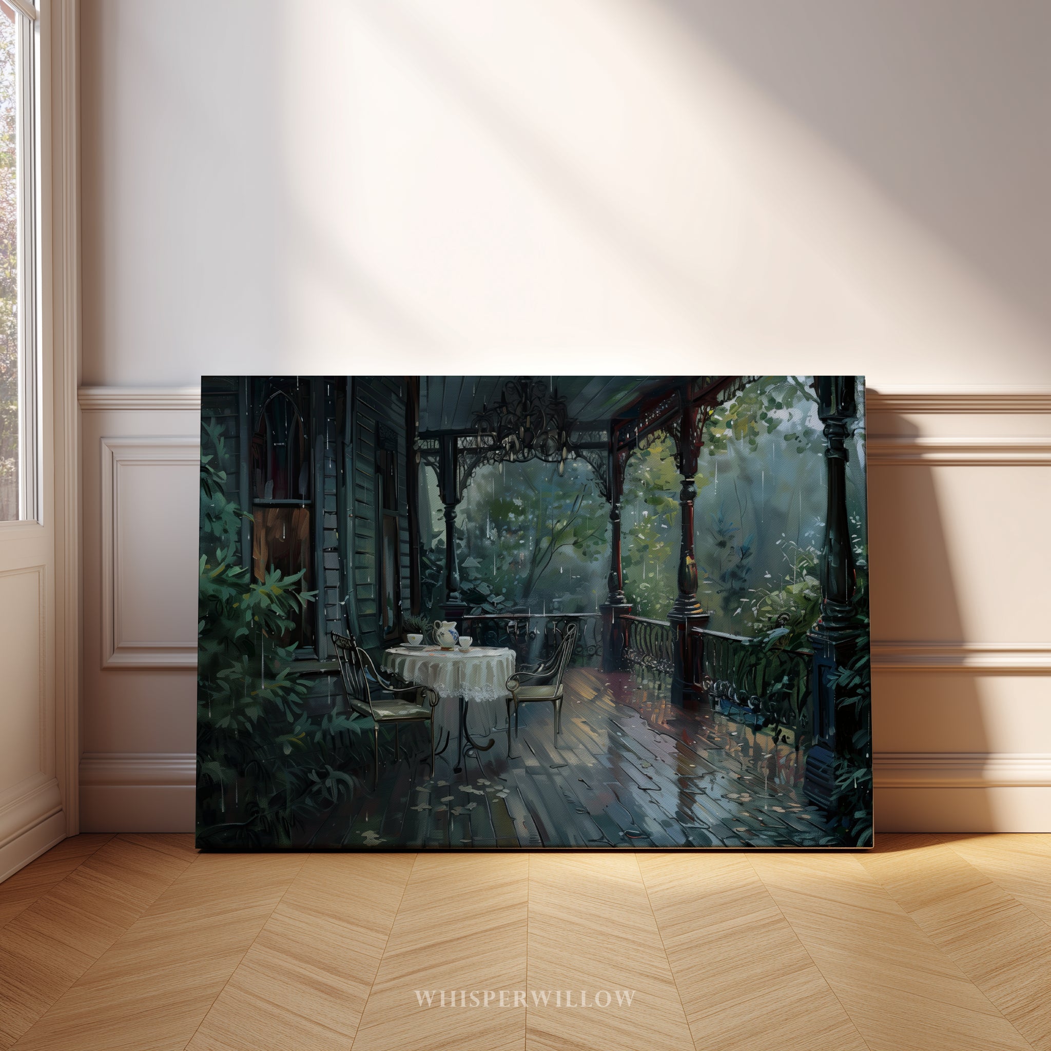 Viktorianisches Wandbild für die Veranda – Szene mit Tee am regnerischen Morgen, Vintage-Gartenveranda