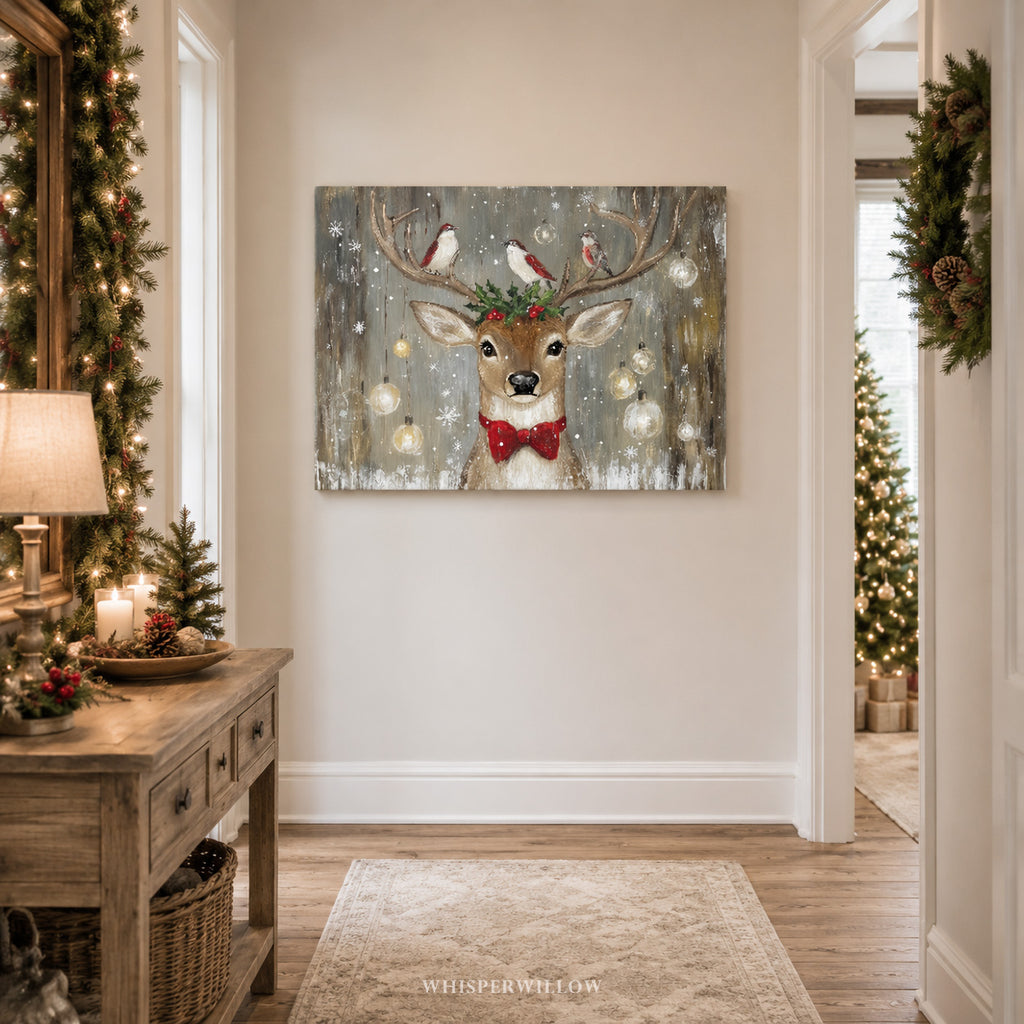 Tableau mural sur toile représentant des rennes et des oiseaux de Noël - Houx à nœud rouge rustique, décoration de Noël en forêt