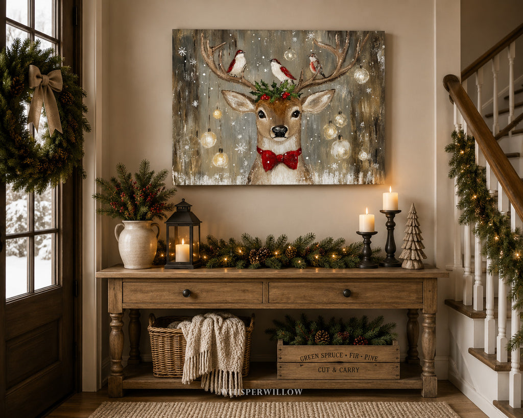 Tableau mural sur toile représentant des rennes et des oiseaux de Noël - Houx à nœud rouge rustique, décoration de Noël en forêt