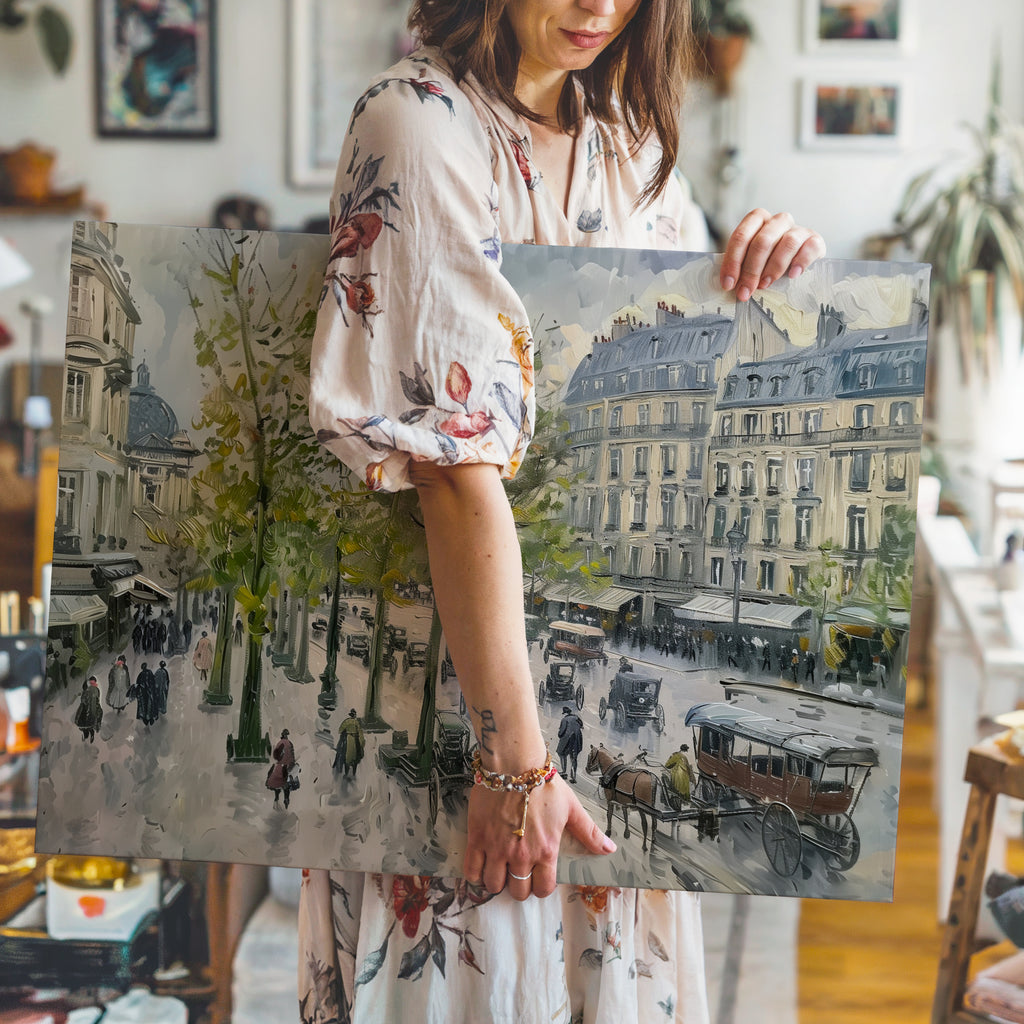 Paris Street Scene Canvas Wall Art | Vintage Horse Carriage Print | 1880s European Architecture