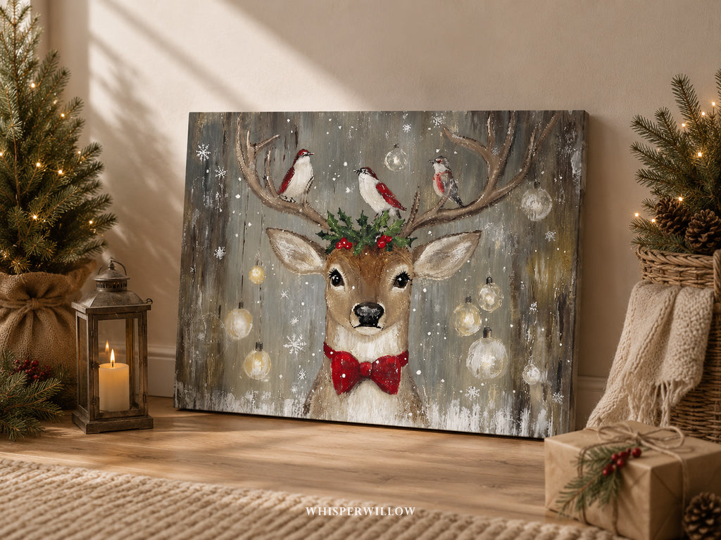 Tableau mural sur toile représentant des rennes et des oiseaux de Noël - Houx à nœud rouge rustique, décoration de Noël en forêt