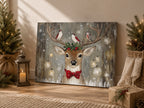Tableau mural sur toile représentant des rennes et des oiseaux de Noël - Houx à nœud rouge rustique, décoration de Noël en forêt
