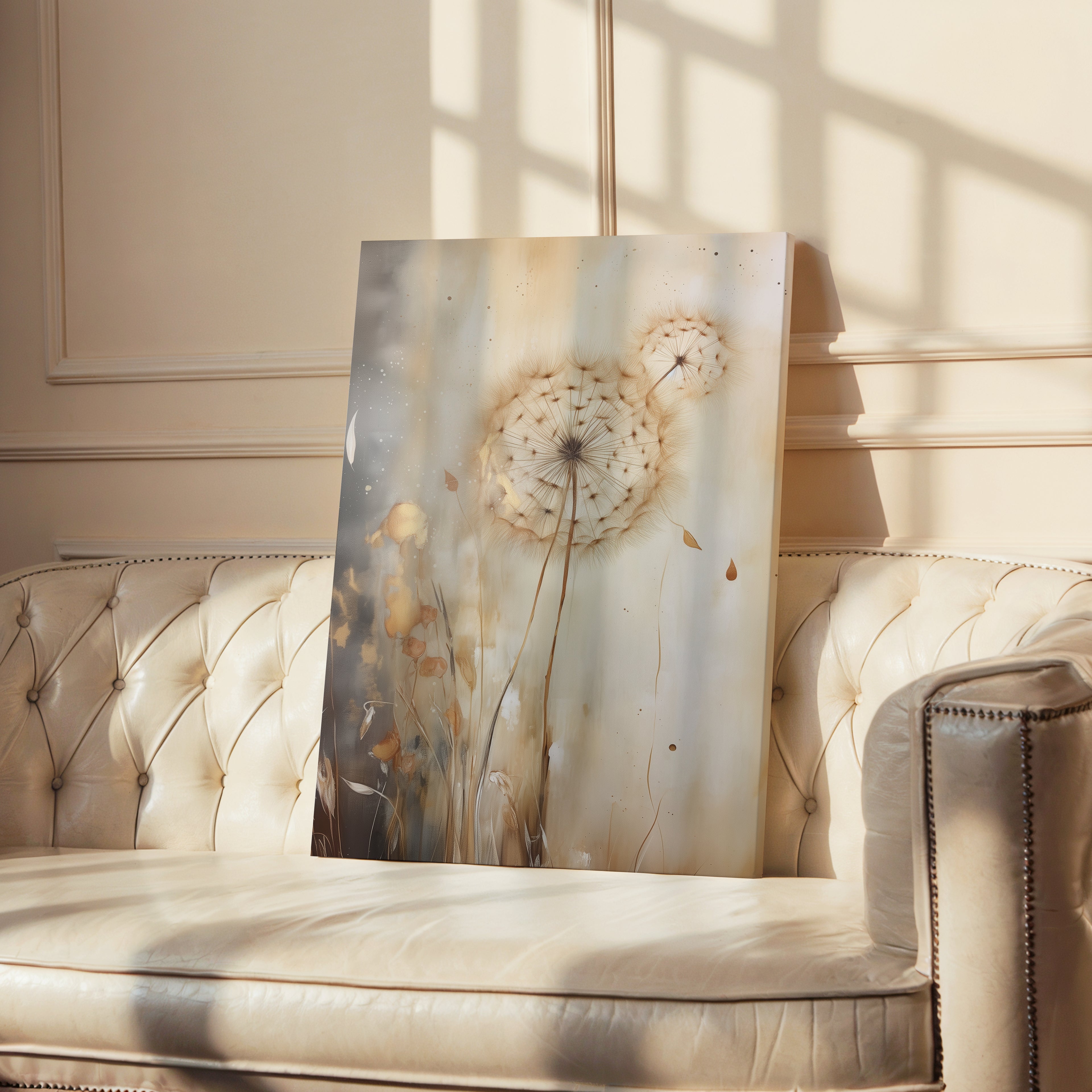 Wandbild „Stimmungsvolle Löwenzahnblüte“ auf Leinwand | Neutrales botanisches Design | Minimalistische Naturdekoration