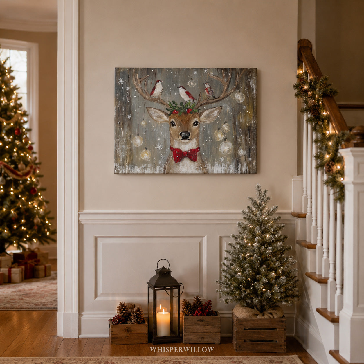 Christmas Reindeer and Birds Canvas Wall Art - Rustic Red Bow Holly, Woodland Holiday Decor