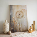 Wandbild „Stimmungsvolle Löwenzahnblüte“ auf Leinwand | Neutrales botanisches Design | Minimalistische Naturdekoration